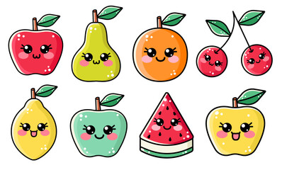 Big set of cute outline kawaii fruits and berries characters. Smiling fruit faces illustration for kids. Kawaii fruit clipart design of lemon, pear, apple, cherry, orange, watermelon