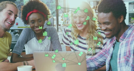 Image of business icons over diverse colleagues talking in office