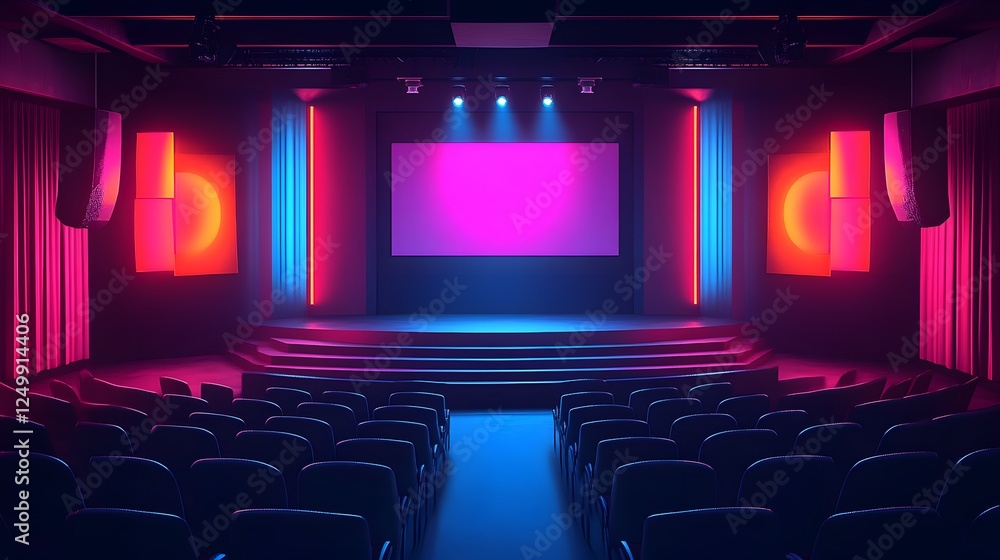 Poster isometric presentation design features informative theater with screen and chairs for audience engag