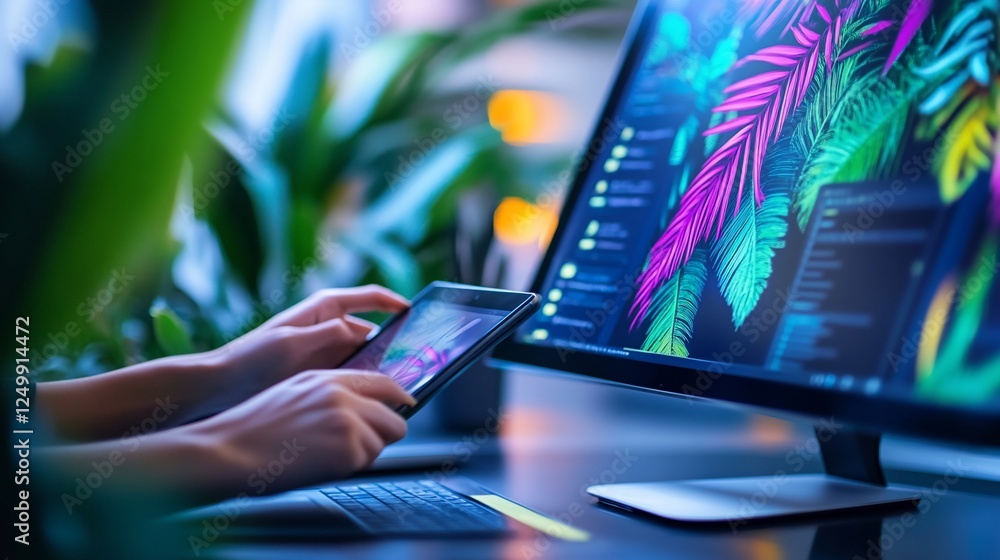 Aufkleber person using tablet and desktop computer with vibrant graphic design on screen.