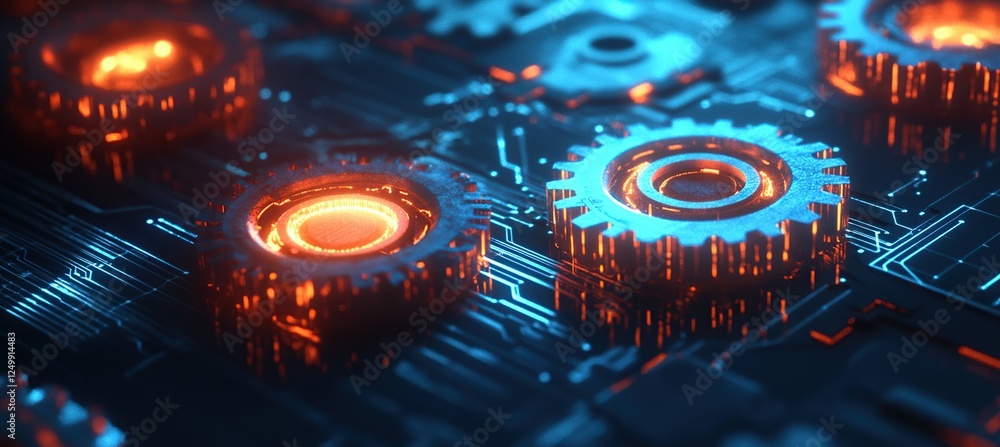 Poster glowing gears interlock on futuristic circuit board, illustrating complex system processes, efficien
