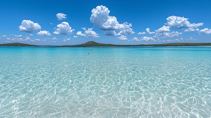 Unspoiled beaches with hidden gems, lush green hills, and crystal-clear waters create a tranquil escape. A modern, bright tone with a blurred background offers empty space for text or design.

