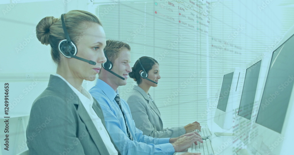 Poster image of data processing over diverse male and female colleagues in headsets using computers