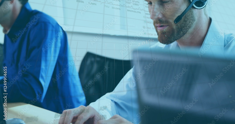 Poster image of data on graph processing over caucasian businessman wearing headset using computer