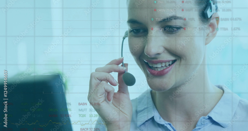 Poster image of data processing over happy caucasian businesswoman wearing headset using computer