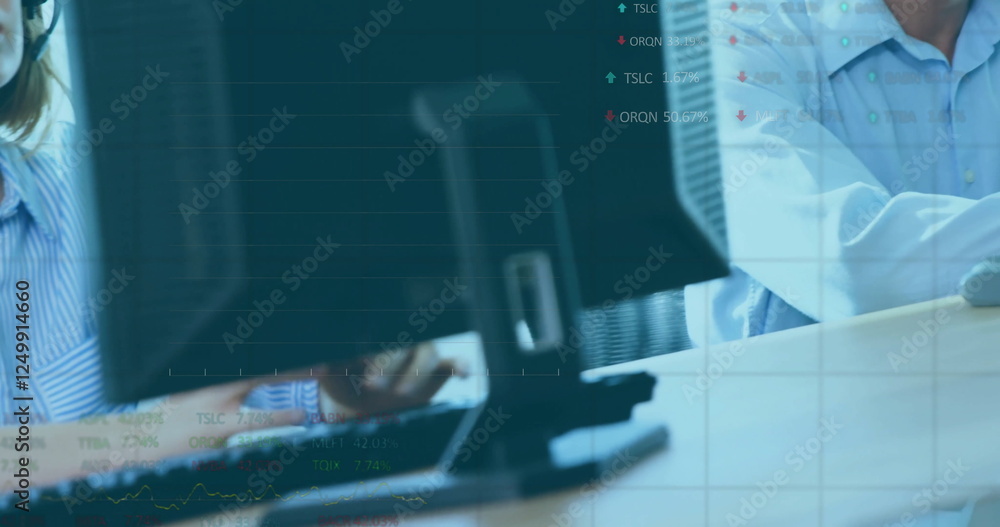 Poster image of data processing on charts over caucasian colleagues in headsets using computers