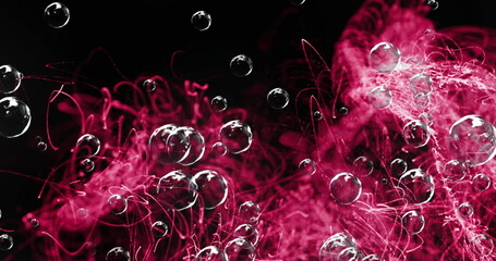 Image of bubbles moving over red shapes on black background
