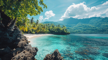 Unspoiled beaches with hidden gems, lush green hills, and crystal-clear waters create a tranquil escape. A modern, bright tone with a blurred background offers empty space for text or design.

