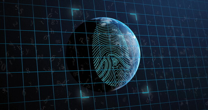 Image of biometric fingerprint and data processing over globe - Powered by Adobe