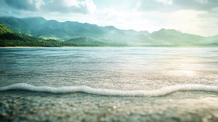 Unspoiled beaches with hidden gems, lush green hills, and crystal-clear waters create a tranquil escape. A modern, bright tone with a blurred background offers empty space for text or design.

