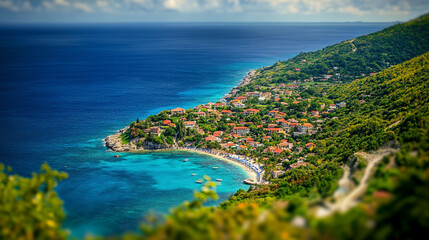 Unspoiled beaches with hidden gems, lush green hills, and crystal-clear waters create a tranquil escape. A modern, bright tone with a blurred background offers empty space for text or design.

