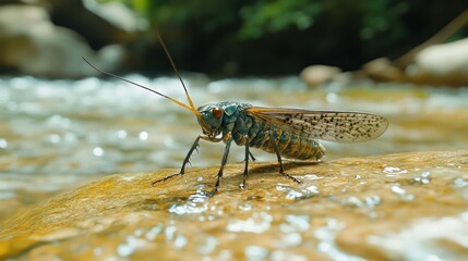 A close-up shot of a large insect sitting on top of water.