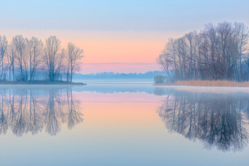 Fototapeta premium Peaceful Lakeside Dawn with Misty Reflection and Serene Atmosphere