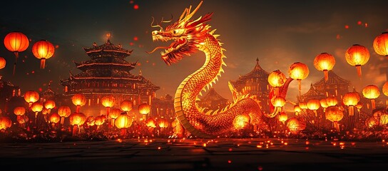 Fototapeta premium Majestic Dragon Lantern Festival: Illuminated Temples & Glowing Lanterns at Night