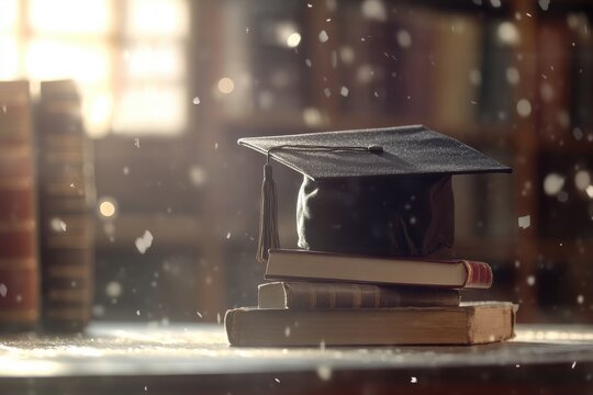 Graduation Cap on Stack of Books Surrounded by Falling Snow Flakes