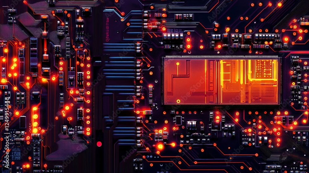 Aufkleber close-up of illuminated circuit board with central processor, showcasing intricate wiring and glowin