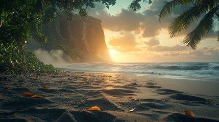 Unspoiled beaches with hidden gems, lush green hills, and crystal-clear waters create a tranquil escape. A modern, bright tone with a blurred background offers empty space for text or design.

