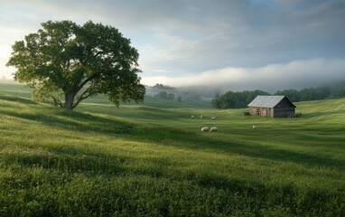 Fototapeta premium A serene landscape features a rustic barn in a lush green meadow surrounded by gentle hills