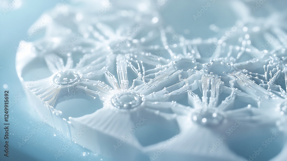 Poster close-up of intricate, white 3d-printed objects submerged in clear liquid, showcasing detailed textu