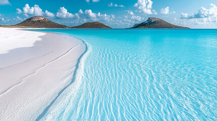 Unspoiled beaches with hidden gems, lush green hills, and crystal-clear waters create a tranquil escape. A modern, bright tone with a blurred background offers empty space for text or design.

