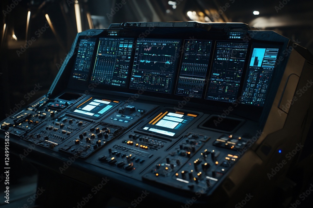 Poster futuristic control panel with glowing screens and buttons in dark room.