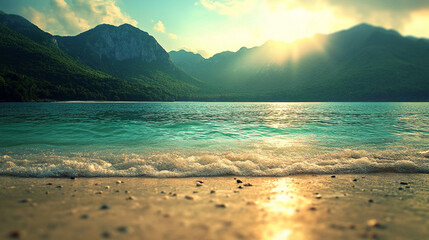 Unspoiled beaches with hidden gems, lush green hills, and crystal-clear waters create a tranquil escape. A modern, bright tone with a blurred background offers empty space for text or design.

