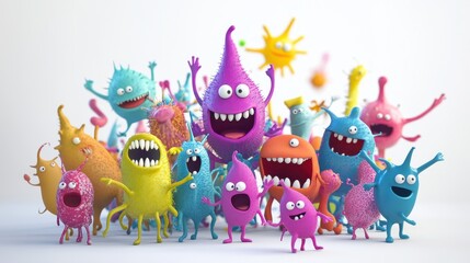 Fototapeta premium A whimsical depiction of a bacteria party, animated characters, joyful expressions, isolated on white background