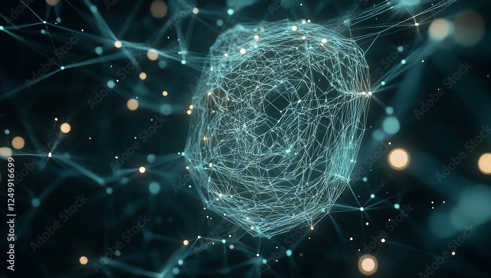 Poster abstract glowing network nodes forming a sphere in dark space.