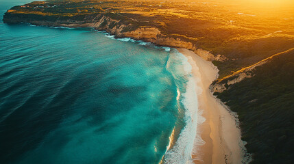 Unspoiled beaches with hidden gems, lush green hills, and crystal-clear waters create a tranquil escape. A modern, bright tone with a blurred background offers empty space for text or design.

