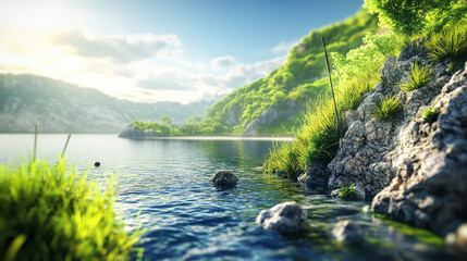 Unspoiled beaches with hidden gems, lush green hills, and crystal-clear waters create a tranquil escape. A modern, bright tone with a blurred background offers empty space for text or design.

