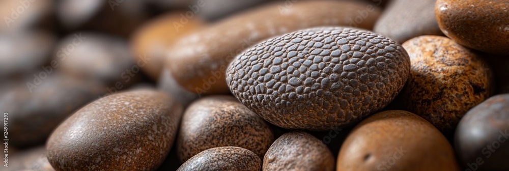 Poster close-up of textured, brown stones, showing detail and variations in color and pattern.