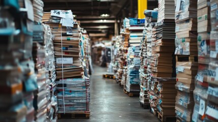 Obraz premium Stacks of cardboard boxes and paper piles in a bustling warehouse environment