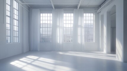 Sunlit minimalist loft interior with large windows and sheer curtains.