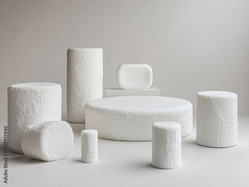 Poster white textured geometric objects arranged on a plain light background