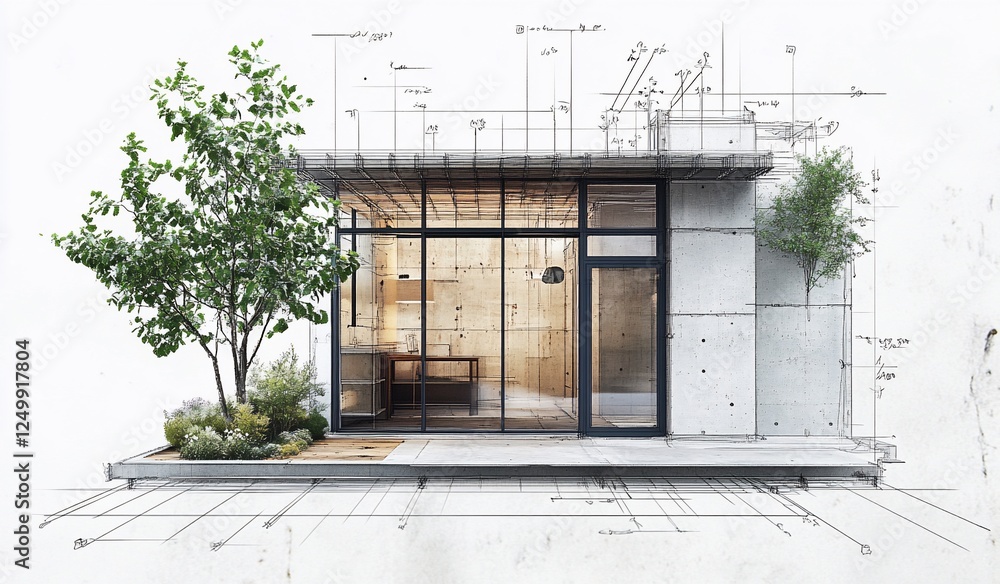 Poster architectural rendering of a modern small shop with plants and blueprint overlay.