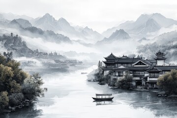 Chinese ink painting style, with distant mountains and rivers featuring misty peaks in the background