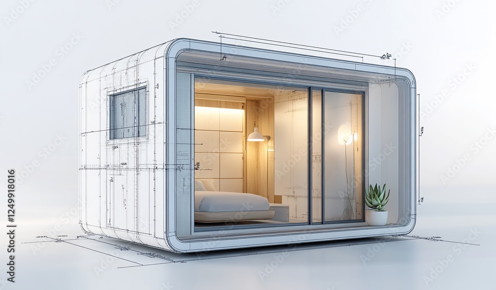 Poster modern minimalist tiny house architectural design rendering.