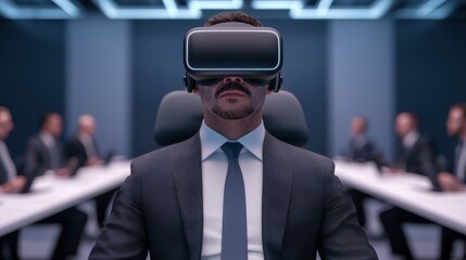 A man wearing a virtual reality headset sits in a modern conference room, surrounded by others, engaged in a digital experience.