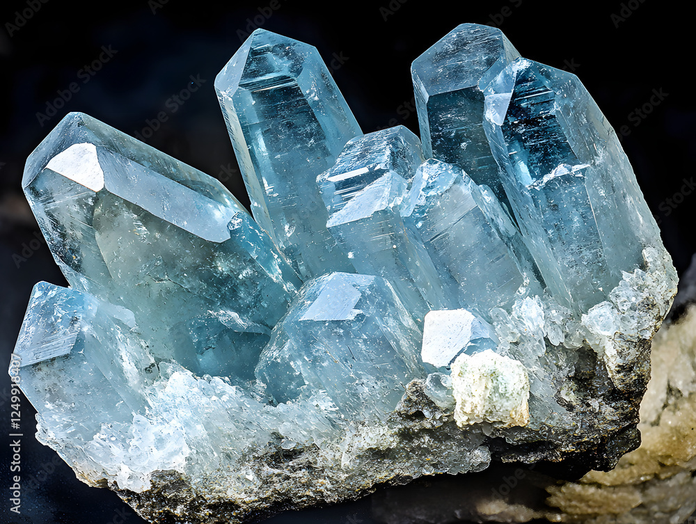 Poster close-up view of stunning blue quartz crystal formation with sharp points and sparkling facets