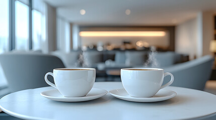 Two white coffee cups with steam rising from them sit on a table. The scene is cozy and inviting, with a view of a garden outside the window. The cups are placed on a white saucer