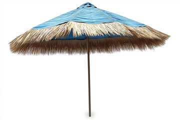 Beach umbrella with blue canopy and straw fringe, perfect for sunny days. Ideal for outdoor relaxation and protection from sun rays