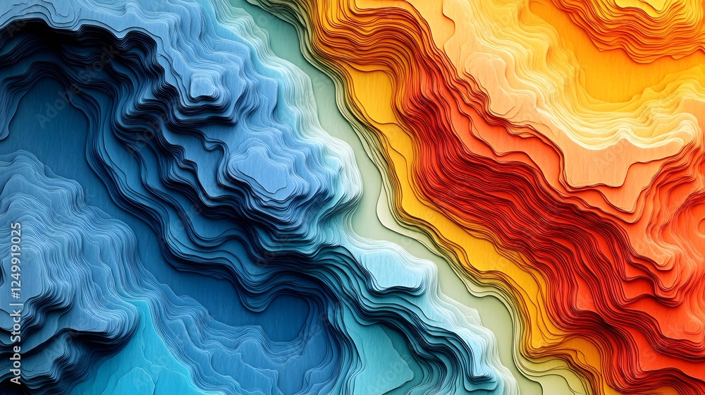 Poster isometric map design illustrates a colorful terrain with vibrant colors and abstract shapes in a stu