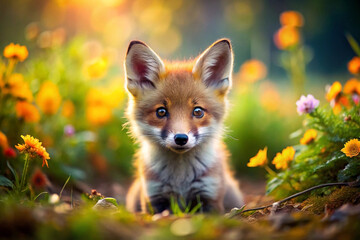 Adorable Fox Cub in Sunny Meadow Flowers