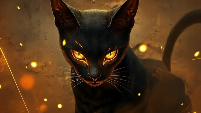 Mysterious black cat with glowing eyes in an enchanting setting at twilight