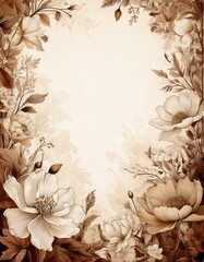 Vintage Botanical Illustration Wedding Invitation Background, featuring detailed hand-drawn flowers in a soft sepia color scheme, with copy space in the middle for text