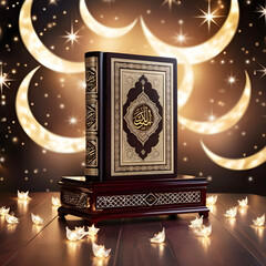 A ornate, intricately designed Quran rests on a richly polished, dark wooden stand, adorned with delicate Islamic geometric patterns