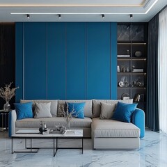 Modern living room interior design, sectional sofa, blue wall, marble floor.