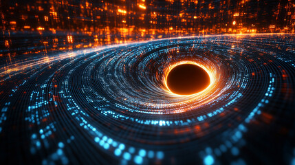 A vibrant digital vortex of particles and light swirls energetically, symbolizing futuristic technology, data flow, and dynamic energy in a colorful modern style with ample space for text.

