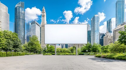 Obraz premium A blank billboard stands prominently in a sunny urban park, surrounded by skyscrapers and lush greenery.