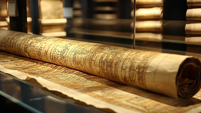 Fragile papyrus scroll carefully displayed under glass, highlighting the importance of conserving delicate historical artifacts